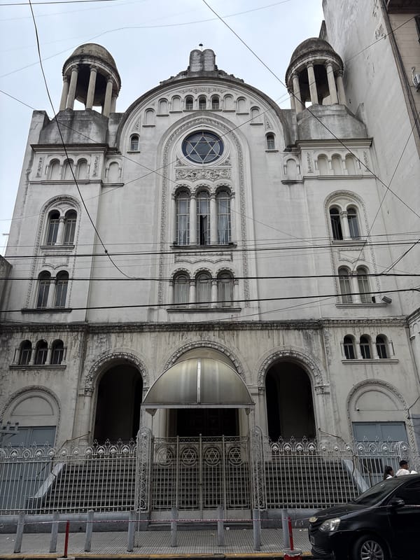Ornate synagogue facade photographed in Buenos Aires
