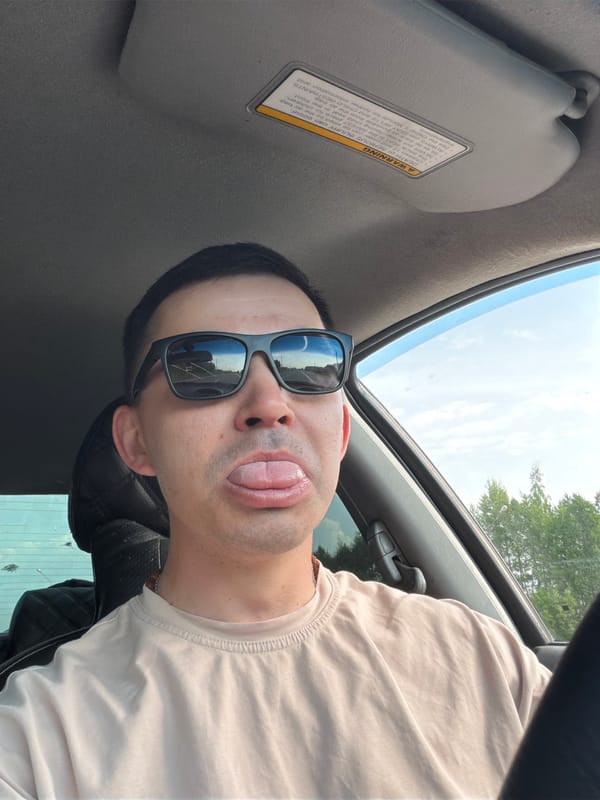Person in sunglasses photographed in car and street moments apart