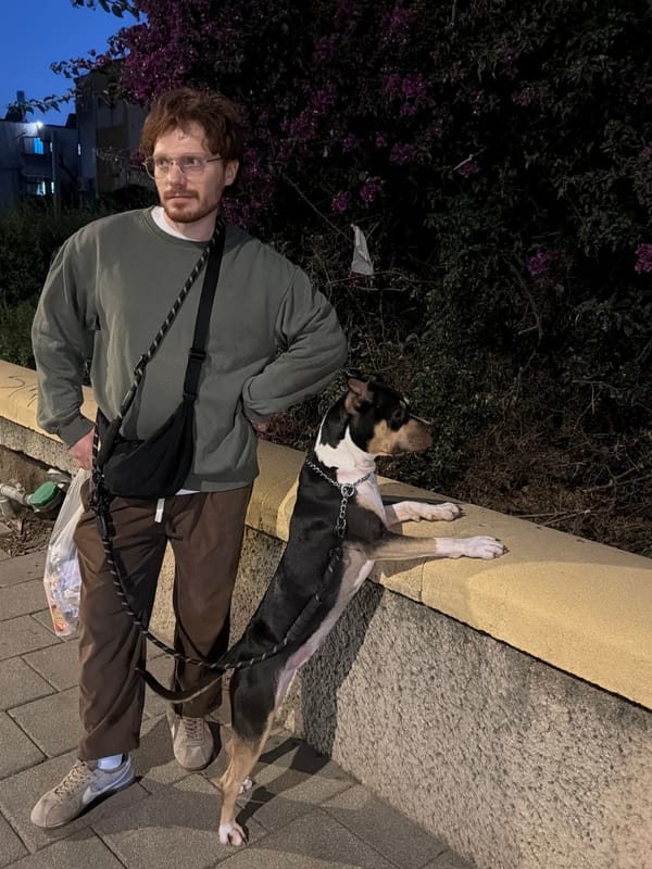 Man walks dog on Tel-Aviv sidewalk