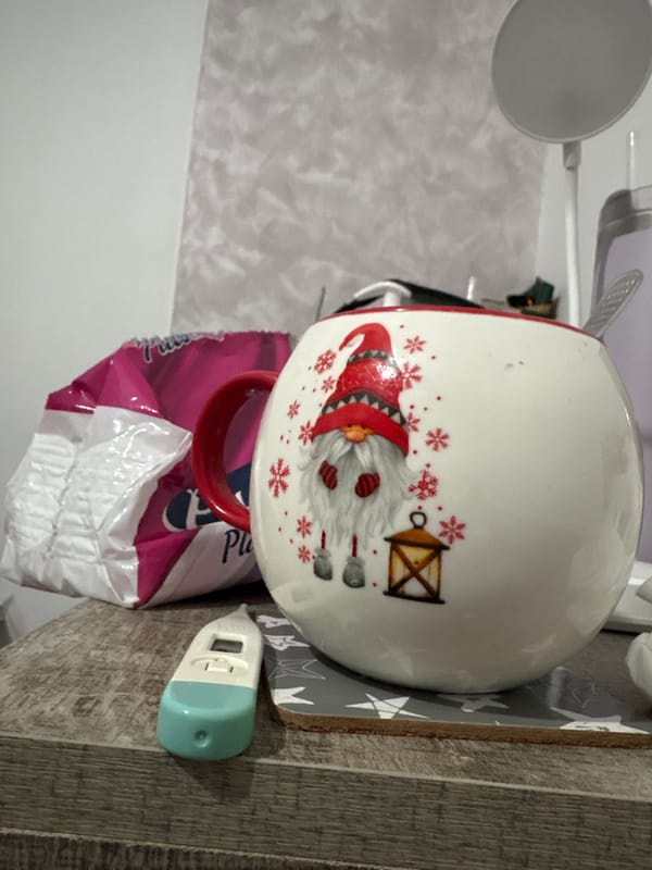 Festive gnome mug photographed with thermometer in Bulgaria