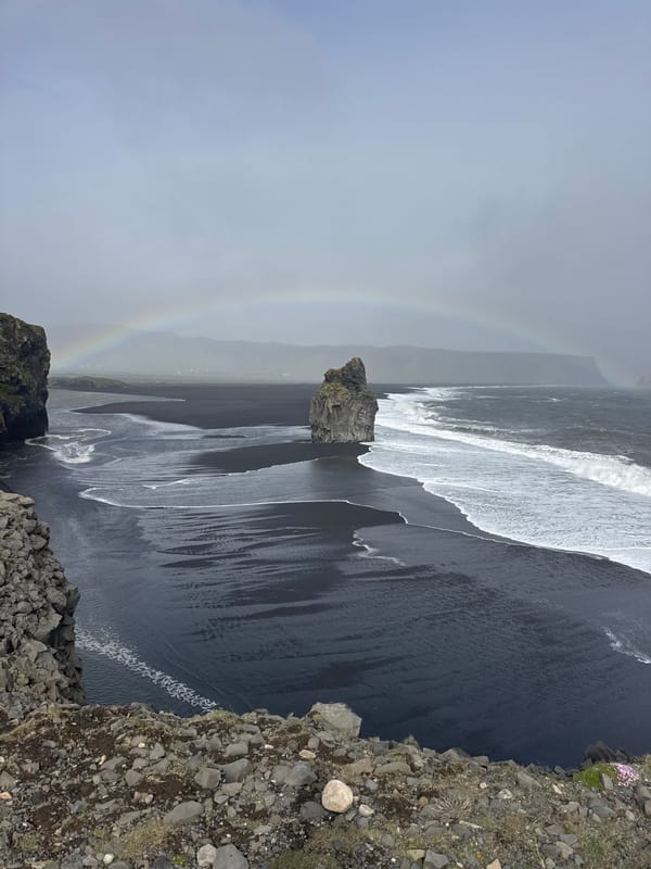 Rainbow arcs over Iceland's famous black sand beach