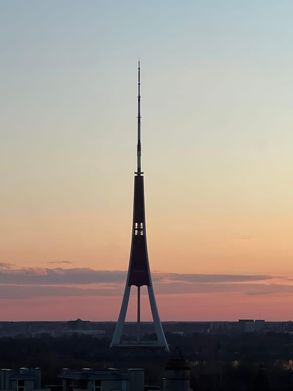 Sunset views captured over Riga skyline featuring TV tower