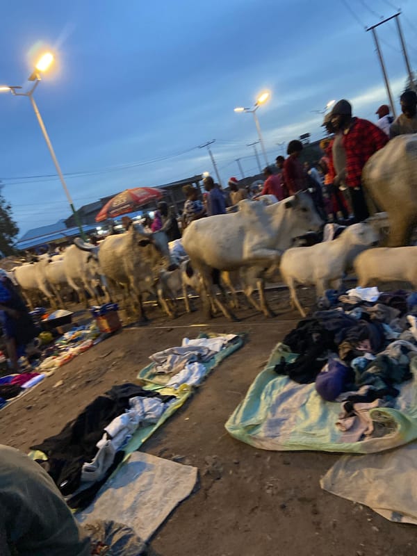 Bukuru street market at dusk, vendors and traffic in full swing