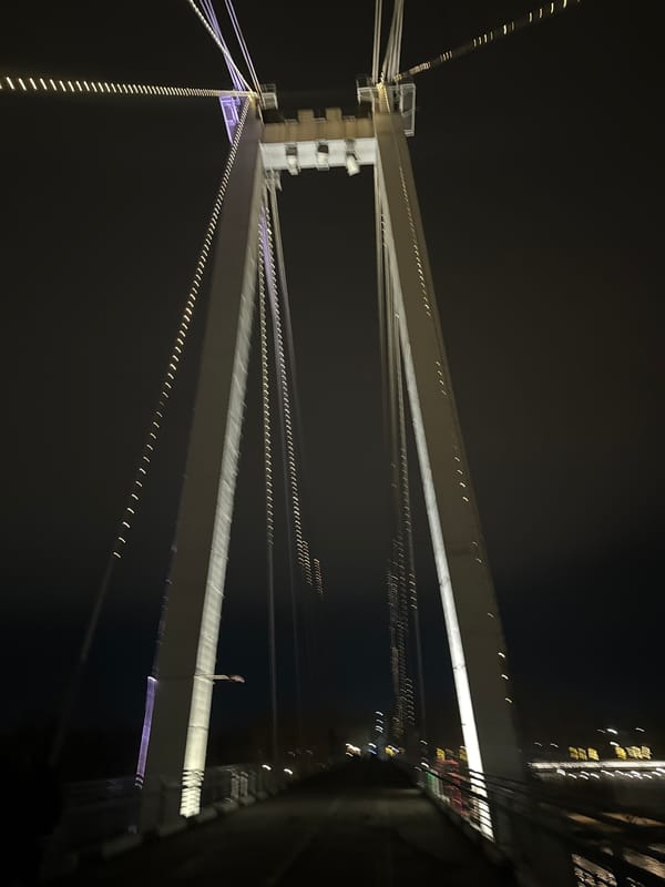 Nighttime photography of illuminated Yenisei River Bridge in Krasnoyarsk