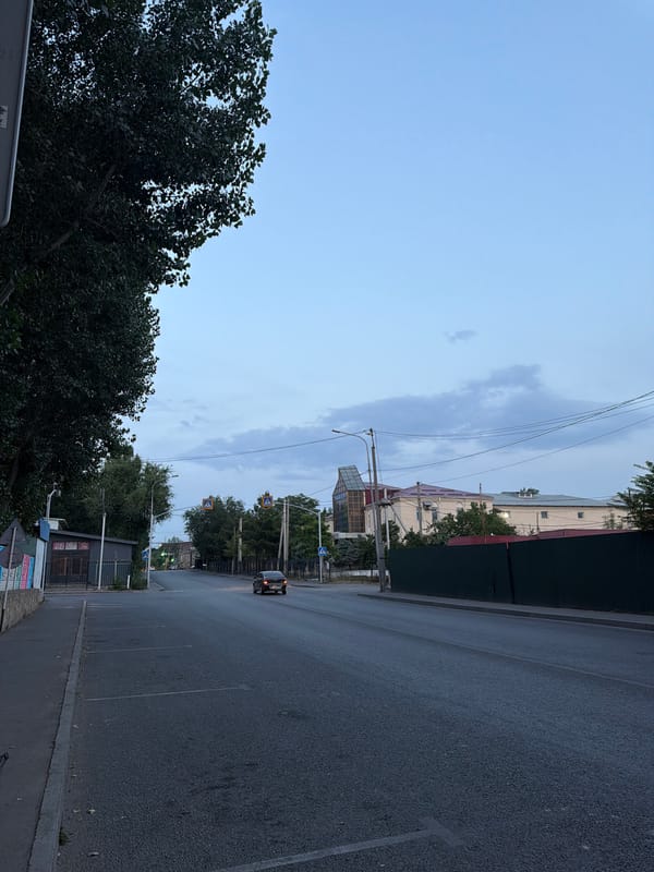 Evening street scene along a Shymkent road