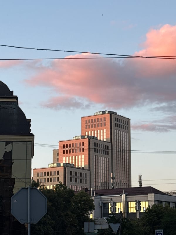 Glass towers rise against a pink dusk sky