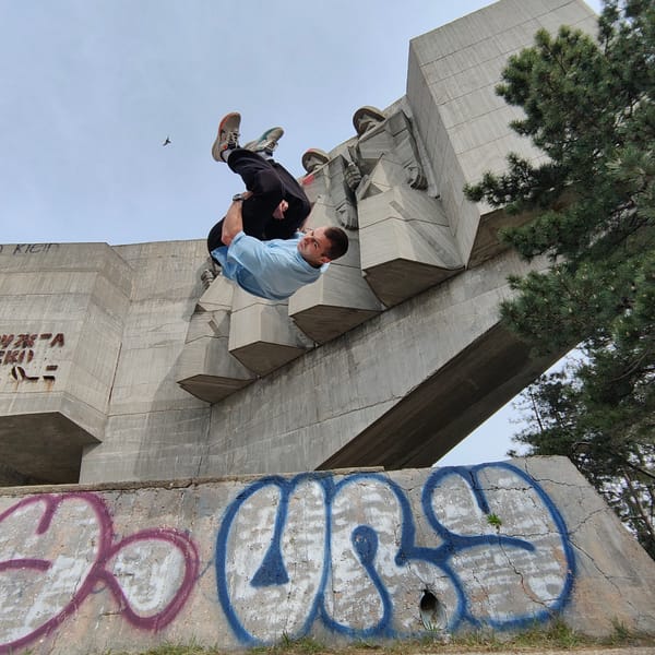 Man performs backflip at Soviet Army monument in Varna