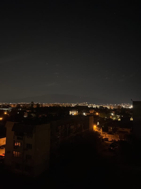 Evening cityscape views documented across Sofia, Bulgaria