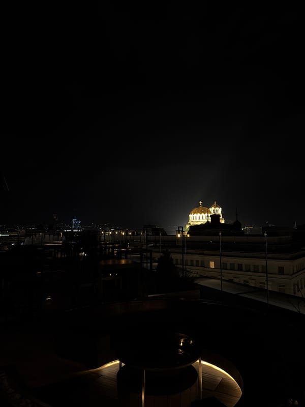 Alexander Nevsky Cathedral illuminated in Sofia nighttime cityscape