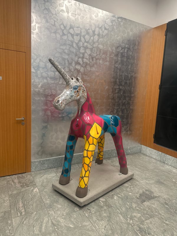 Mosaic unicorn sculpture spotted indoors in Dübendorf, Switzerland