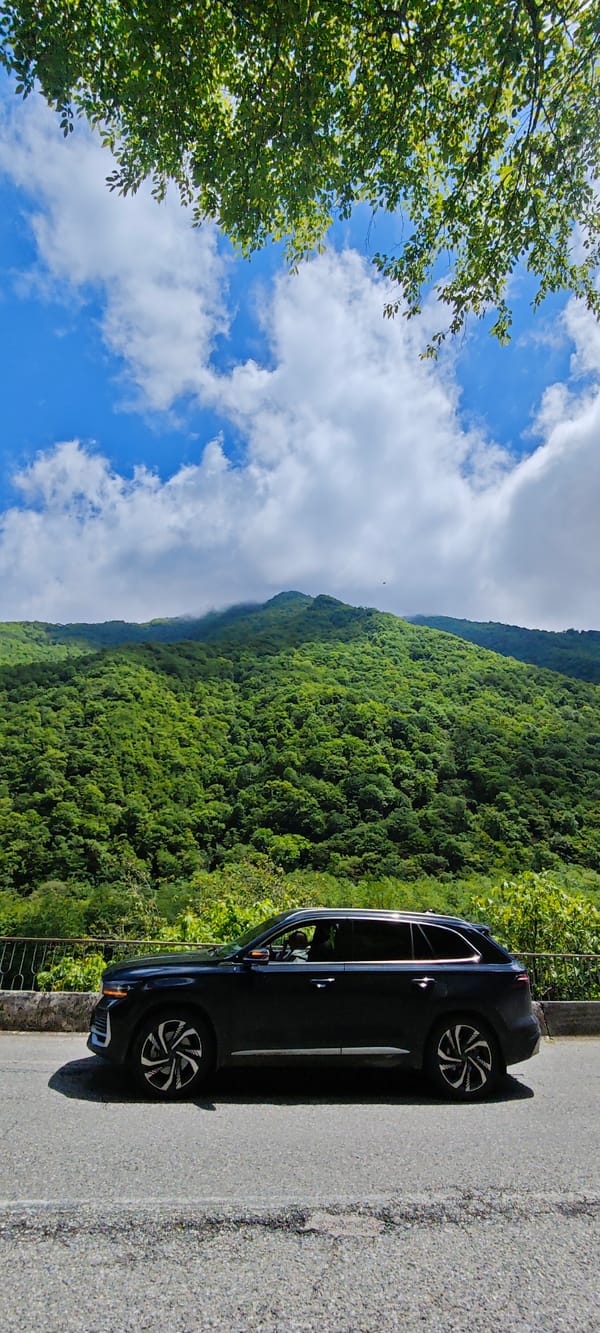 Mountain scenery documented in Bzypta, Abkhazia with parked vehicle