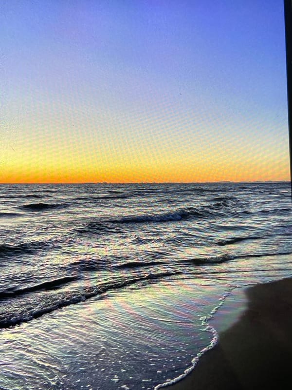 Sun low on the ocean horizon, coast calm and golden