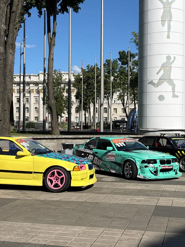 Decorated race cars gather near Dynamo stadium in Minsk