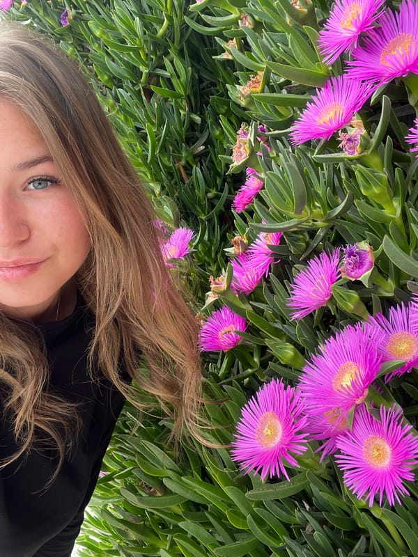 Woman poses among purple wildflowers as bees forage nearby