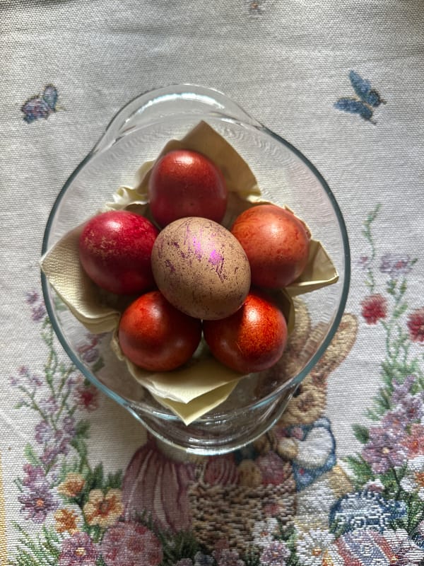 Easter eggs displayed in glass bowl in Slivnitsa, Bulgaria