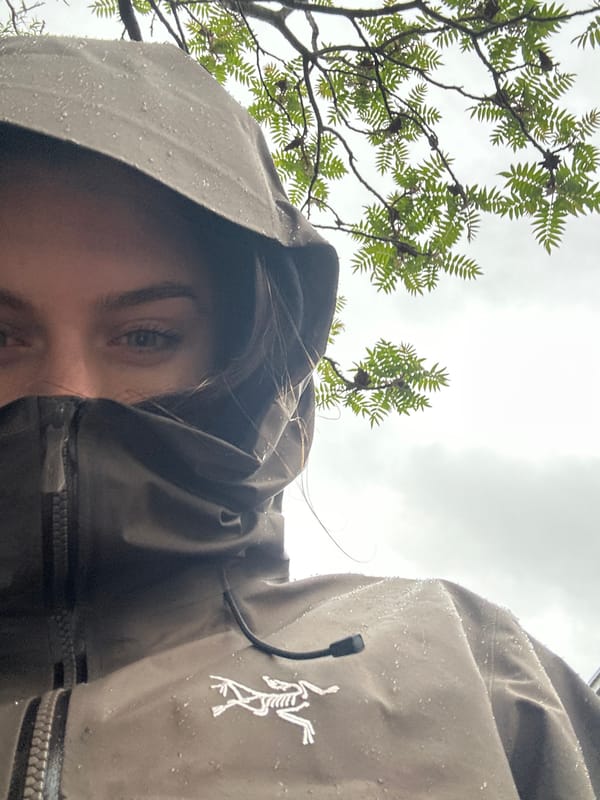 Two people in rain gear observed during morning shower