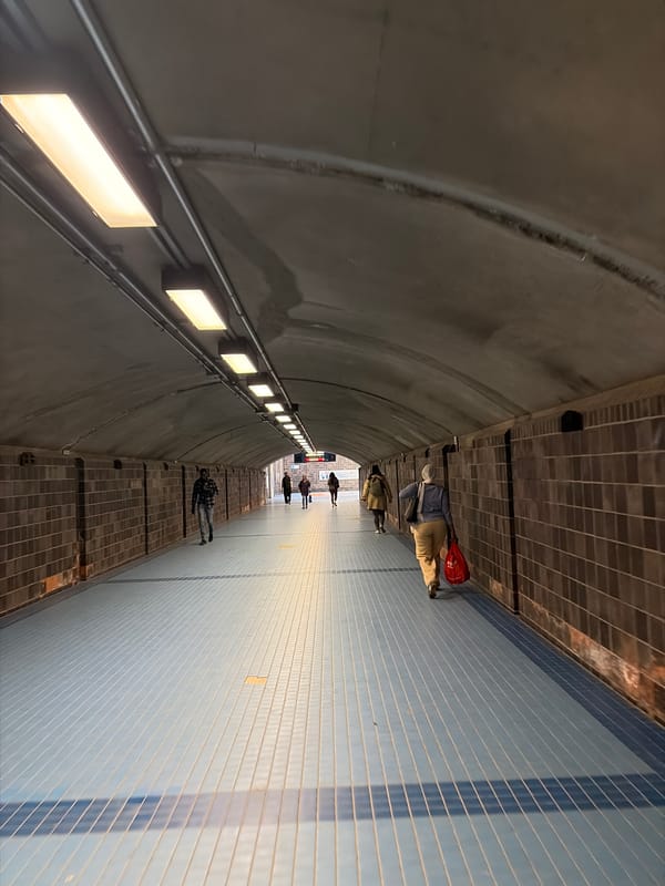 Montreal pedestrian tunnel observed with arched ceiling, rectangular lighting