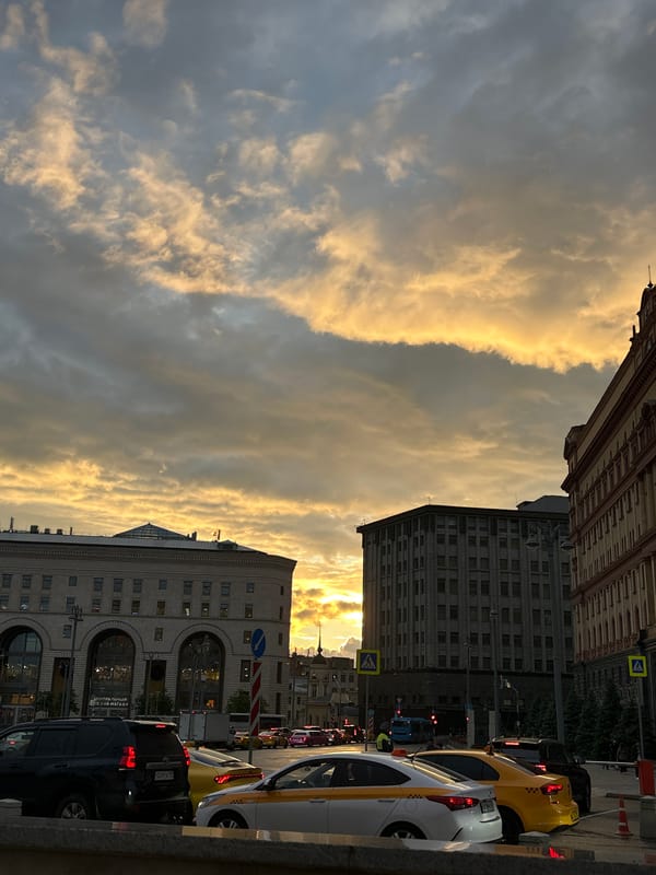 Dramatic sunset skies observed over wet Moscow streets