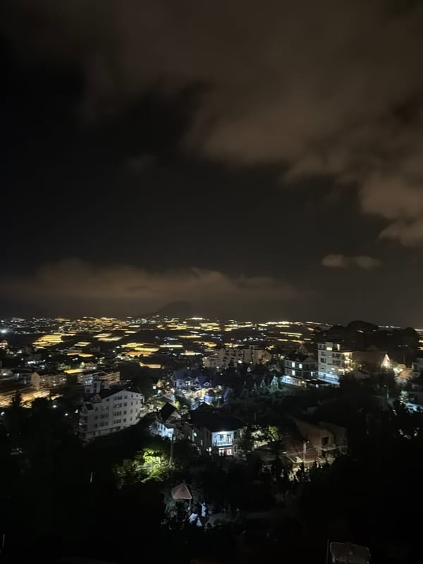 Nighttime aerial views capture illuminated Đà Lạt cityscape with greenhouses