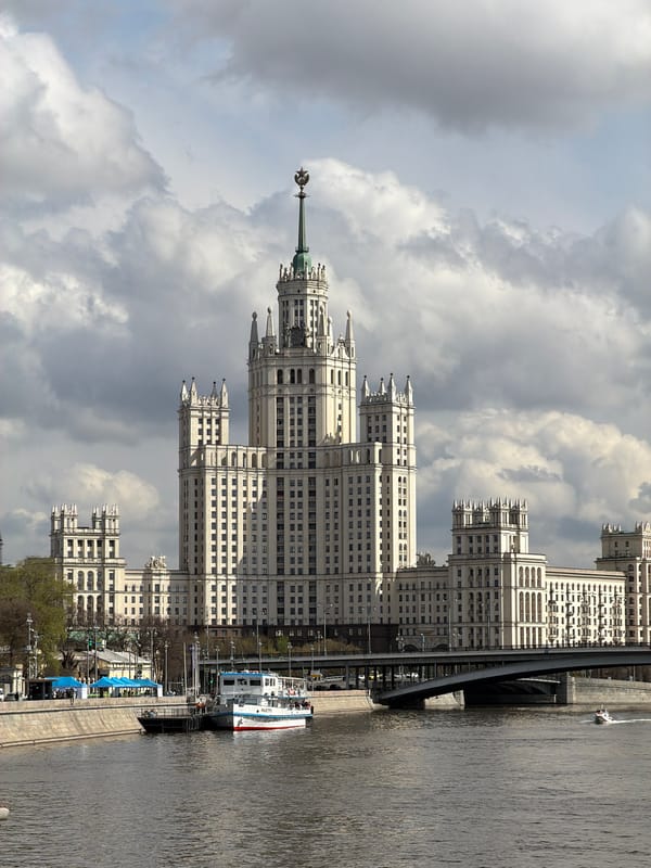 Moscow riverfront scene with Stalinist skyscraper documented by witness