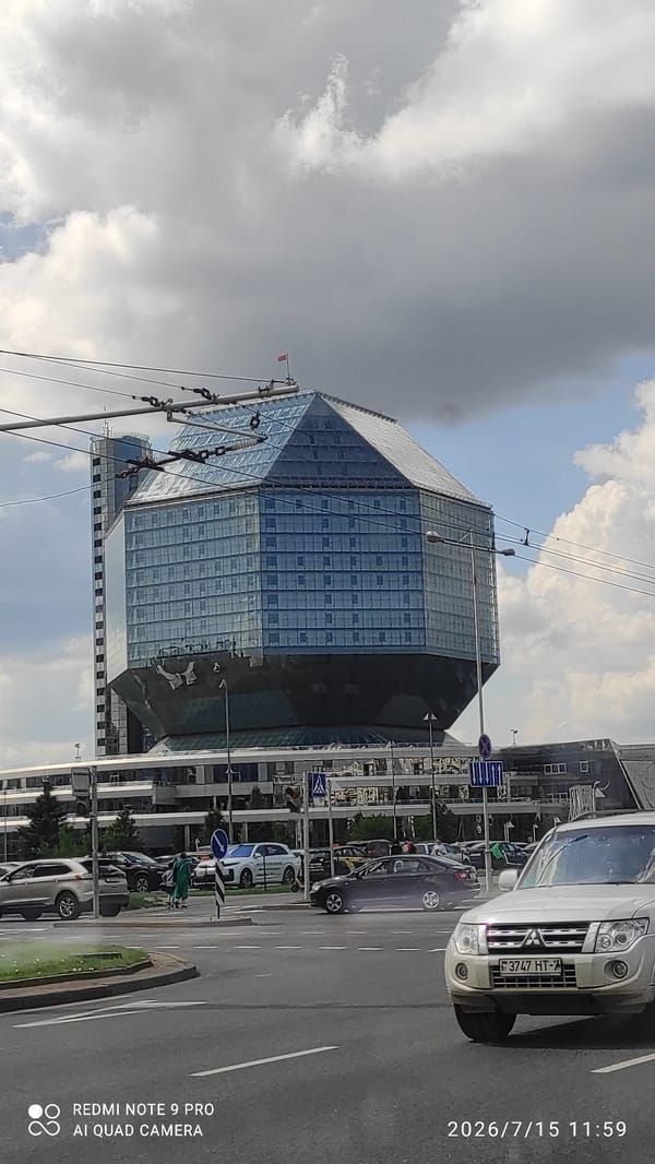 Minsk's iconic diamond-shaped National Library, July morning