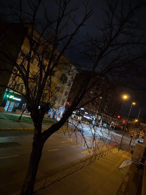 Night street scene captured in central Sofia