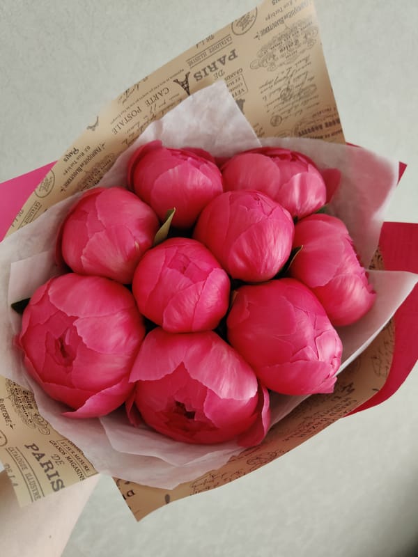Person holds pink peony bouquet in layered paper wrapping
