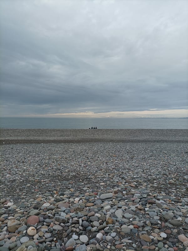 Tourists gather at Batumi's pebble beach under cloudy skies