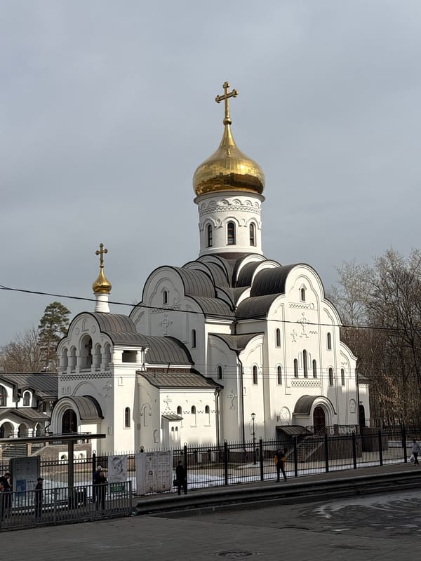 Morning scenes from Khimki: Orthodox cathedral and bus passengers