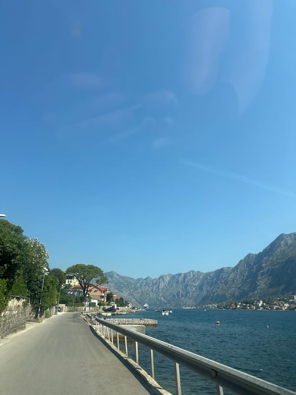 Sunny coastal road hugging the Bay of Kotor in Muo