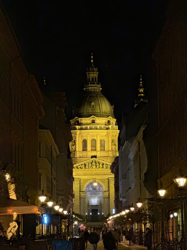 St. Stephen's Basilica illuminated at night in Budapest