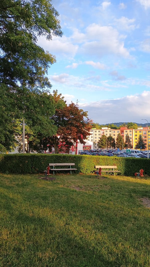Quiet residential afternoon at a Sokolov neighborhood playground