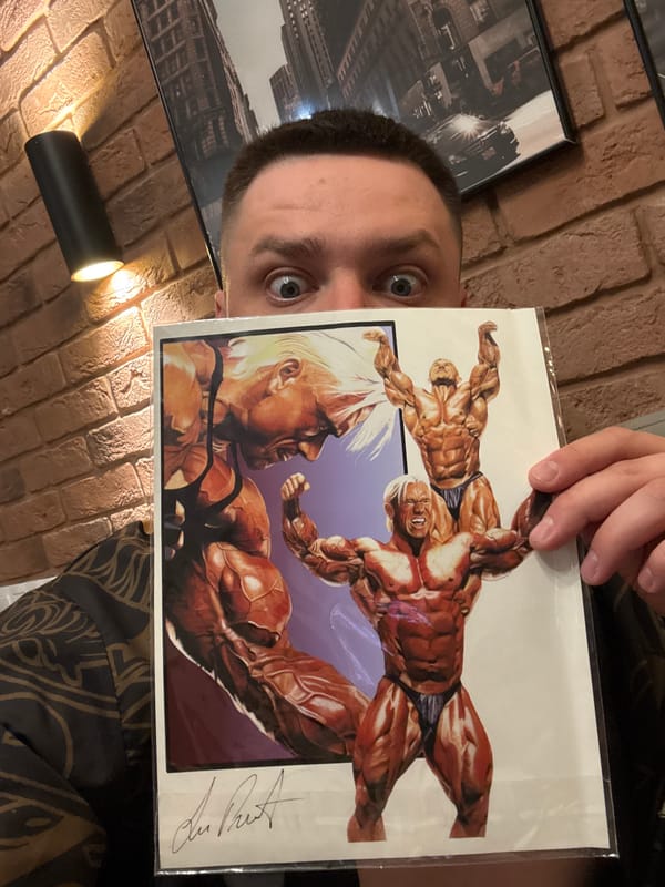 Man displays wrestling comic, workout graphics observed in Vladivostok