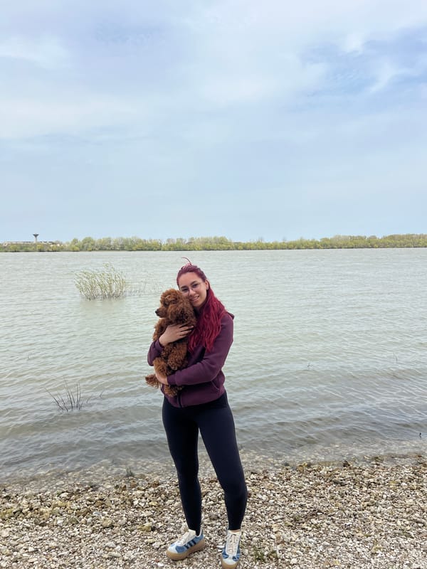 Woman with poodle spotted on gravel beach in Nikopol