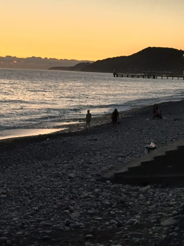 Family evening on the Sochi pebble beach at sunset