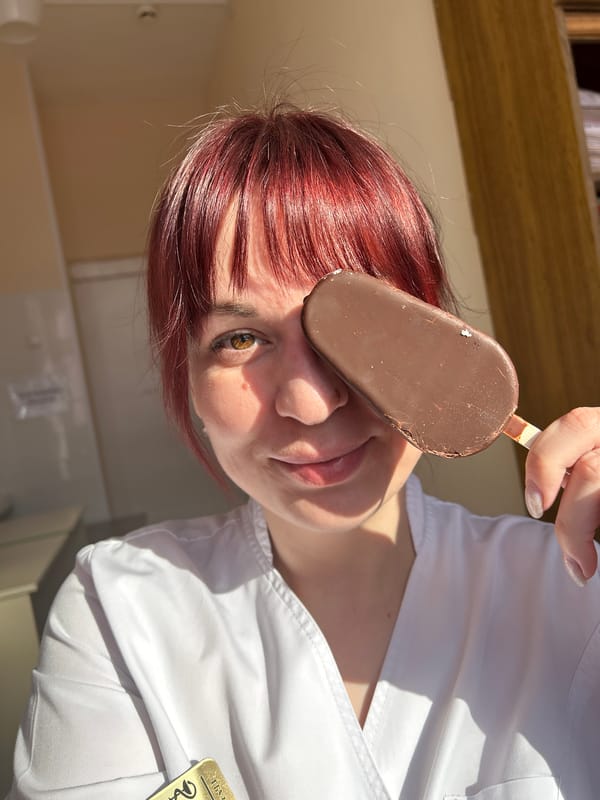 Medical worker enjoys ice cream break at workplace