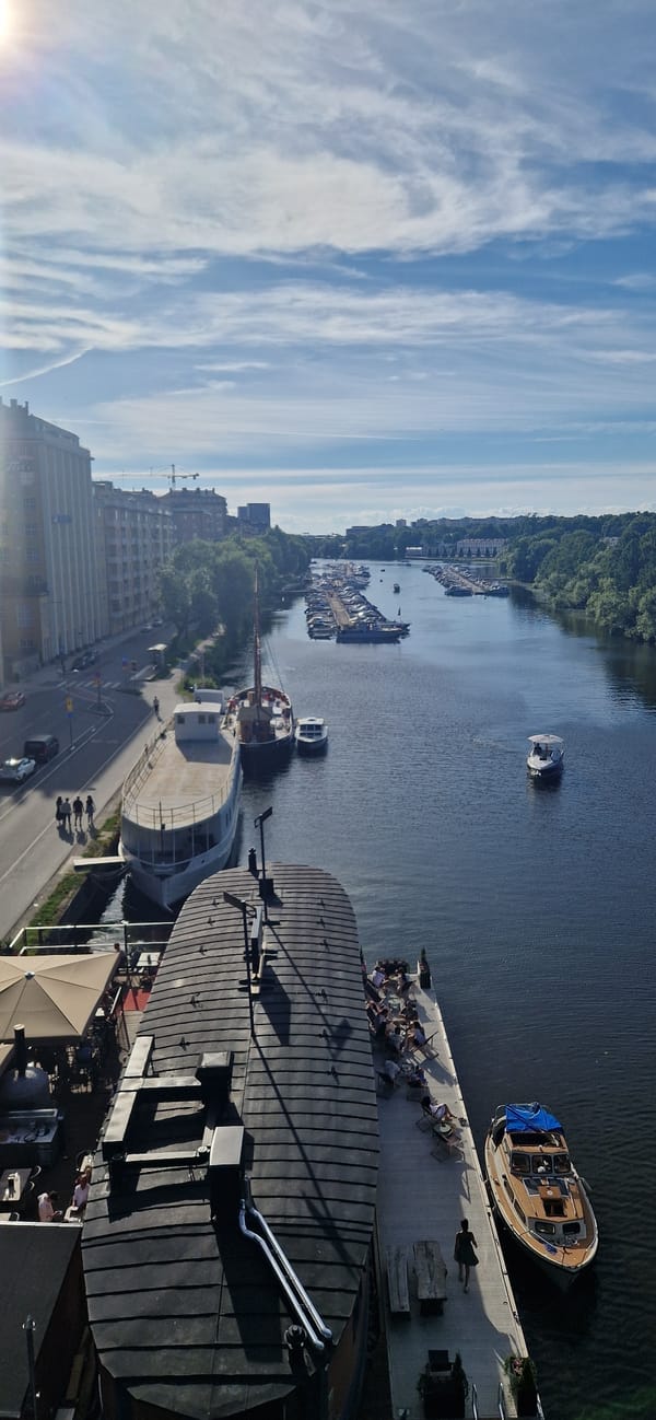 Sunny elevated view over Stockholm's calm waterfront