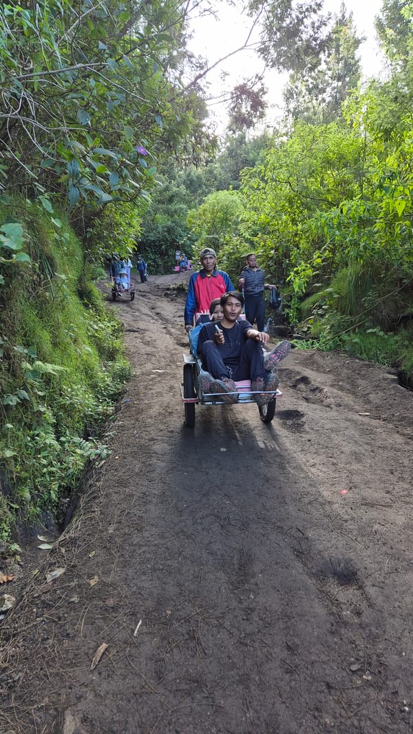 Cart travelers navigate muddy forest path in Indonesia
