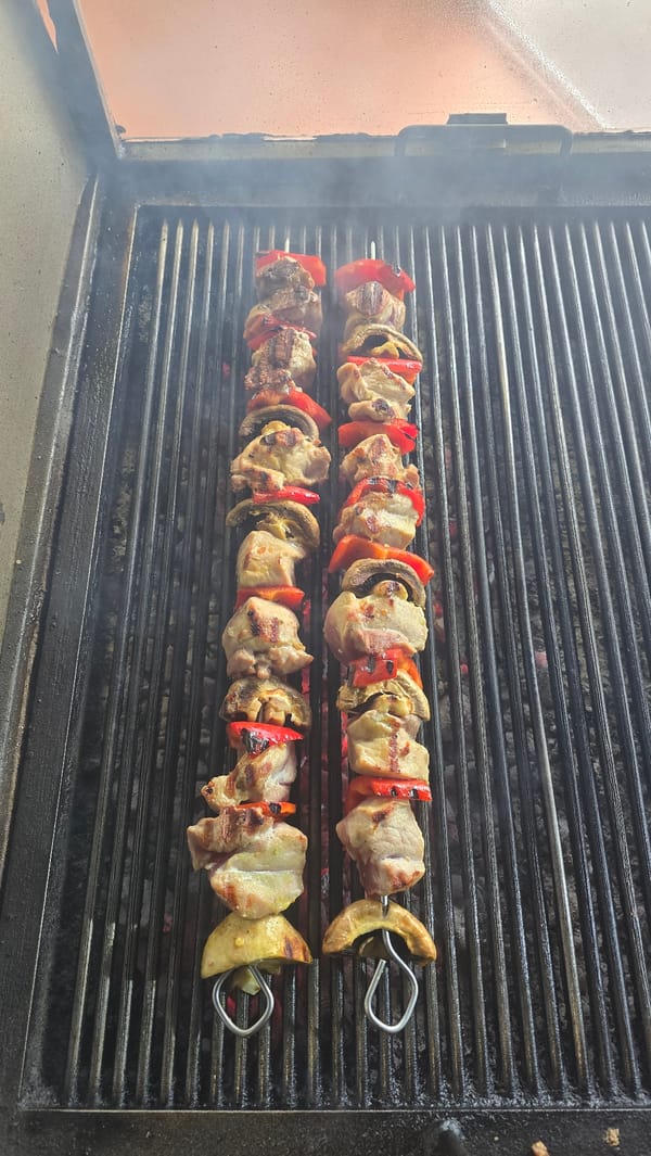 Mixed meat and vegetable skewers grilled in Haskovo, Bulgaria