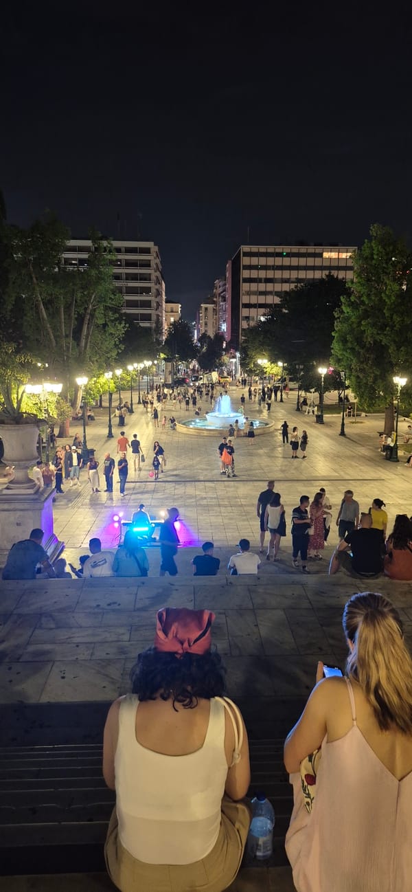Athens city squares lit up on a summer night
