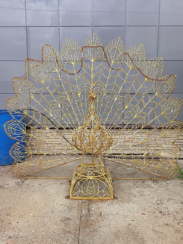 Garden decorations documented in Kuyeda including peacock sculpture, planters