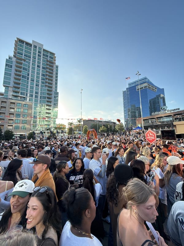 Padres fans gather at Gallagher Square in early morning hours