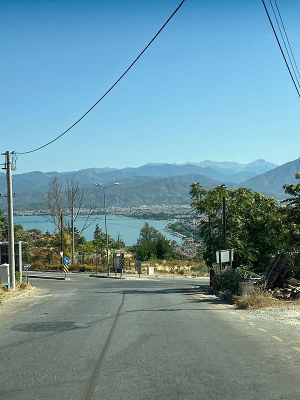 Roadside overlook takes in Fethiye and its surrounding landscape