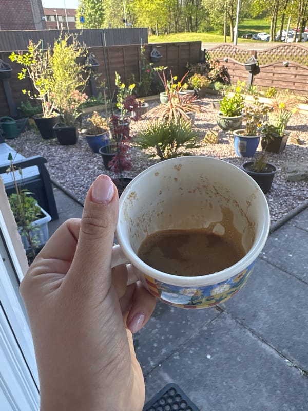 Morning coffee and energy boost moment captured in Macclesfield garden