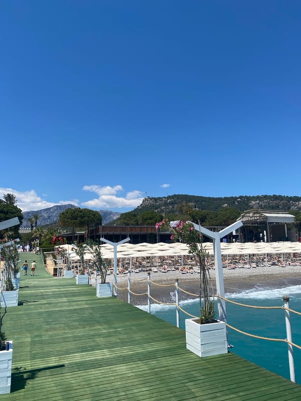 Resort scenes documented in Kemer, Turkey during sunny morning