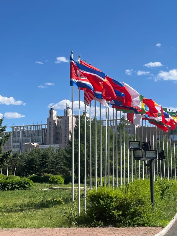 International flags displayed along Changchun street near institutional buildings