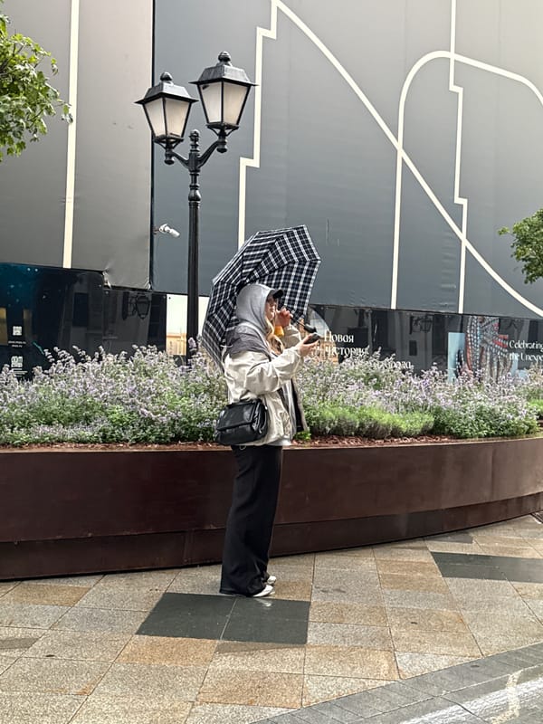 Moscow pedestrians navigate a rainy July afternoon on foot