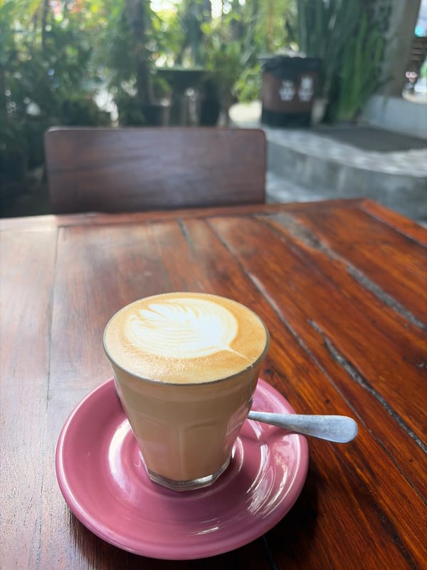 Coffee and a poodle at a garden cafe in North Kuta