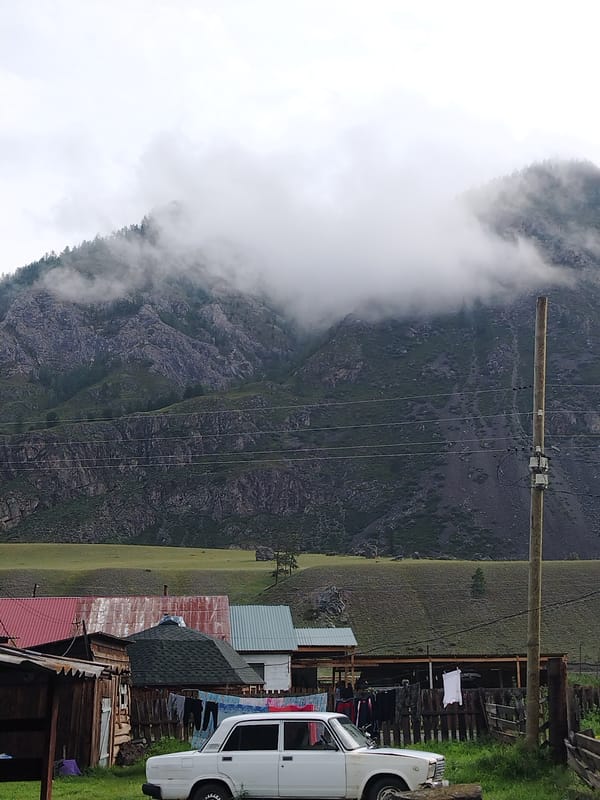 Rural village and mountain scenery in Iodro, Russia
