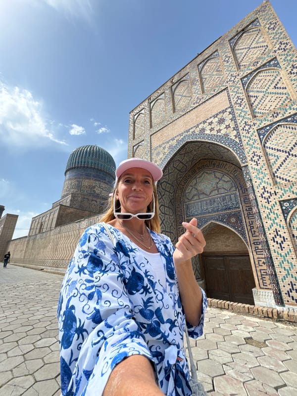 Tourist explores historic Bibi Khanym Mosque in Samarkand